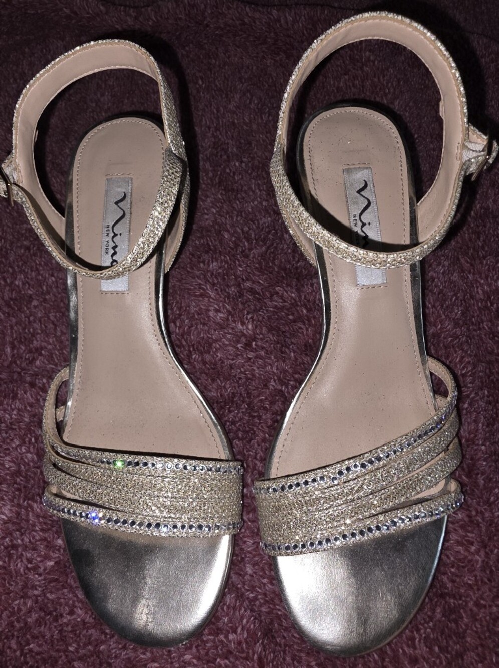 Nina Gold Rhinestone-Strap Open-Toe Heels